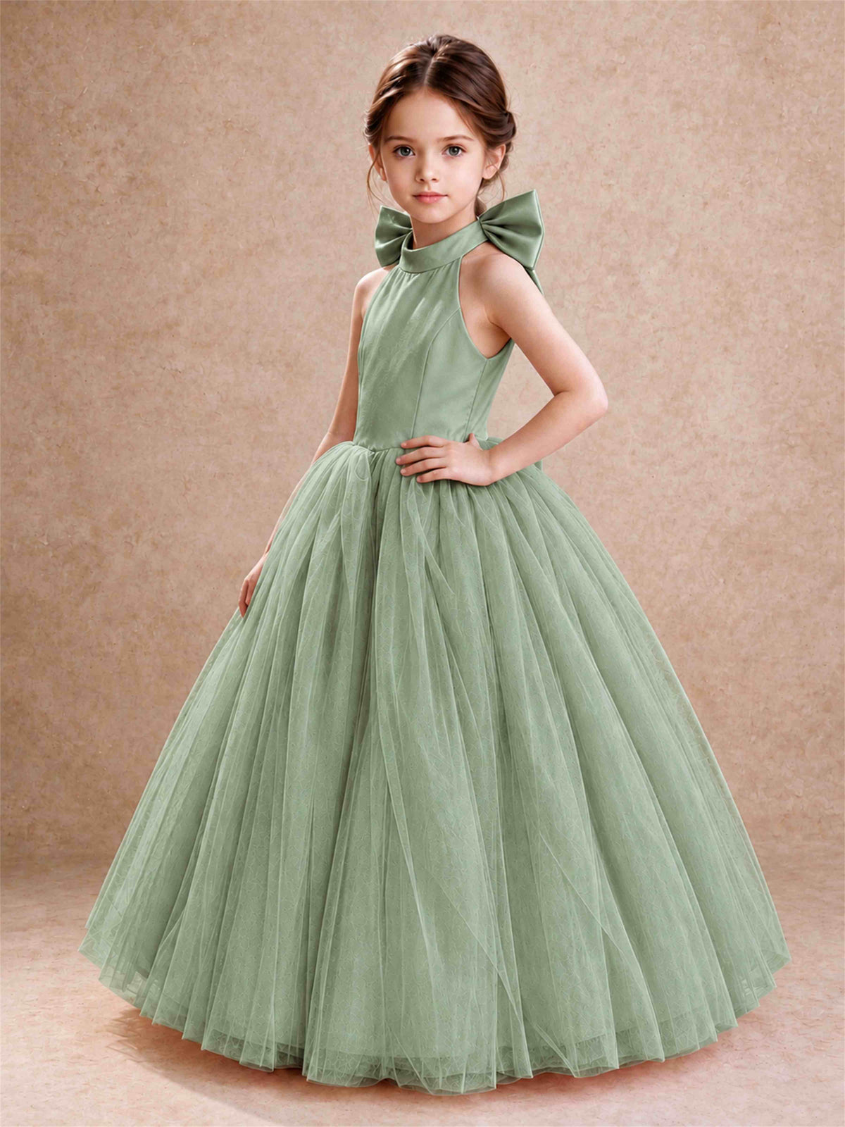 Halter Tulle Flower Girl Dress Backless Big Bow Princess Ball Gown