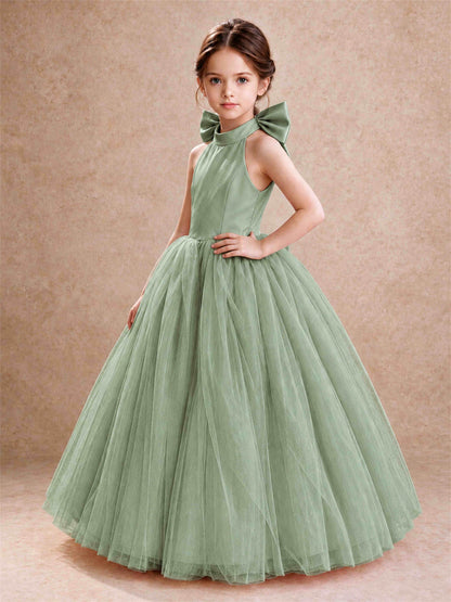 Halter Tulle Flower Girl Dress Backless Big Bow Princess Ball Gown
