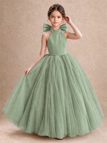 Halter Tulle Flower Girl Dress Backless Big Bow Princess Ball Gown