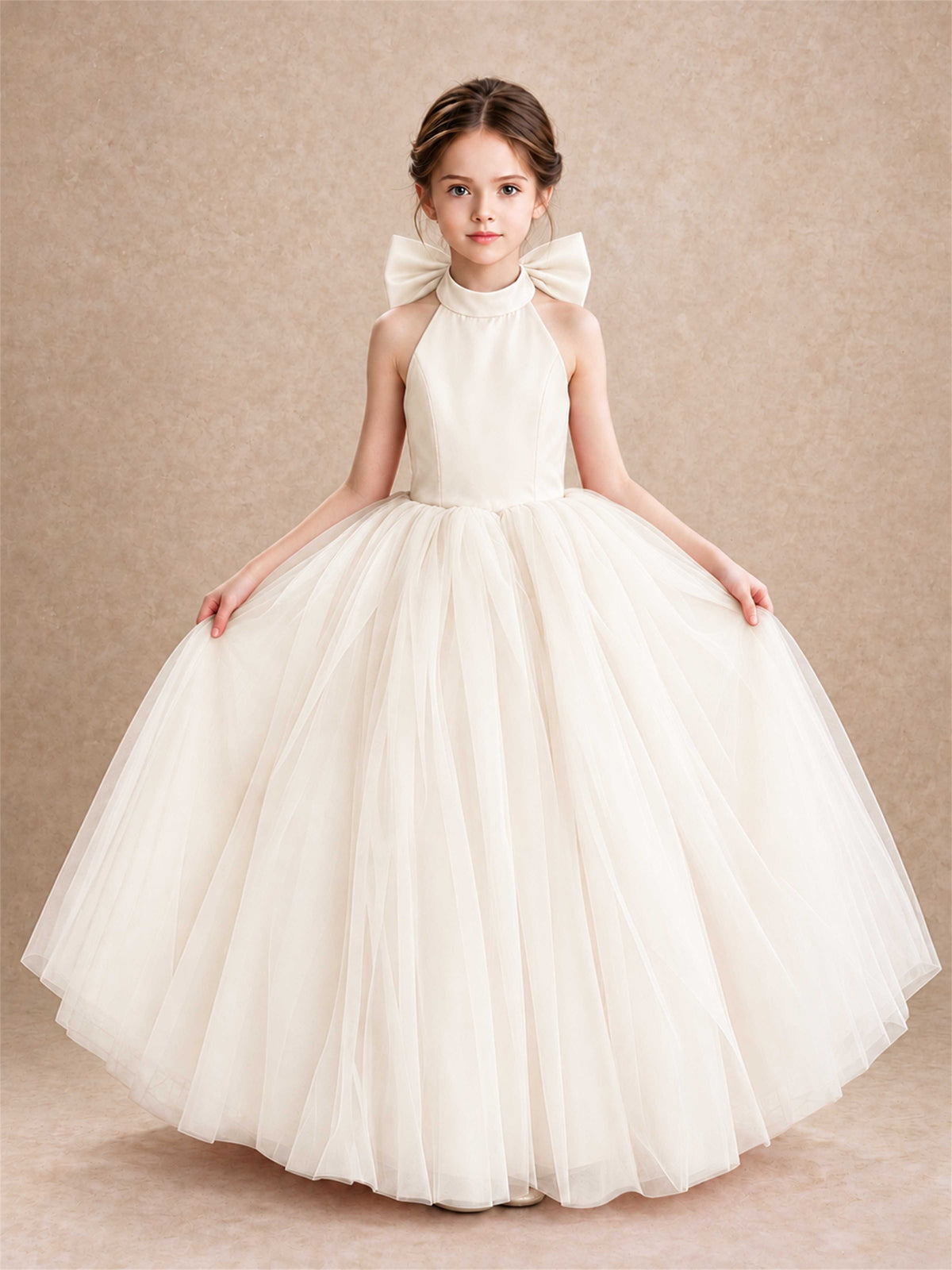 Halter Tulle Flower Girl Dress Backless Big Bow Princess Ball Gown