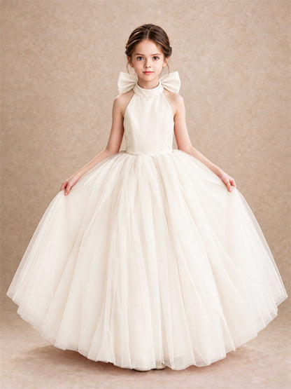 Halter Tulle Flower Girl Dress Backless Big Bow Princess Ball Gown