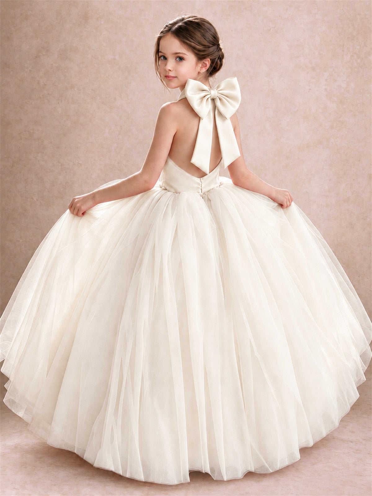 Halter Tulle Flower Girl Dress Backless Big Bow Princess Ball Gown