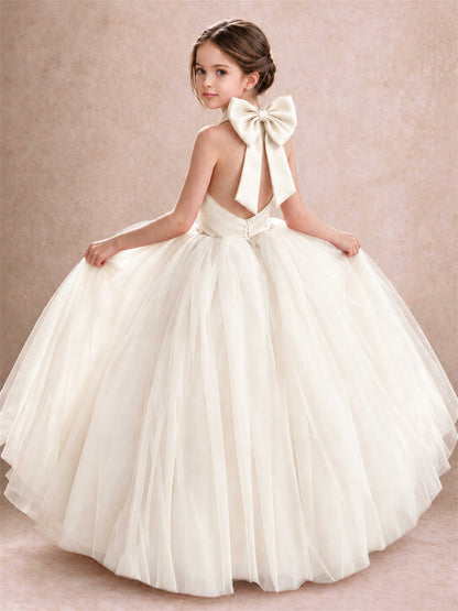 Halter Tulle Flower Girl Dress Backless Big Bow Princess Ball Gown
