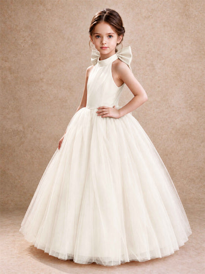 Halter Tulle Flower Girl Dress Backless Big Bow Princess Ball Gown