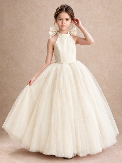 Halter Tulle Flower Girl Dress Backless Big Bow Princess Ball Gown