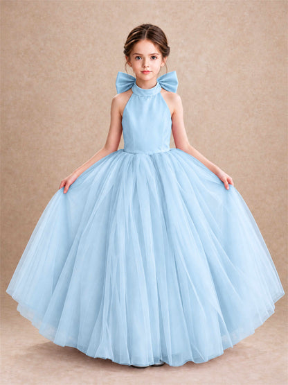 Halter Tulle Flower Girl Dress Backless Big Bow Princess Ball Gown