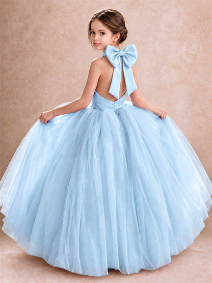 Halter Tulle Flower Girl Dress Backless Big Bow Princess Ball Gown