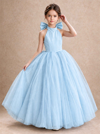 Halter Tulle Flower Girl Dress Backless Big Bow Princess Ball Gown