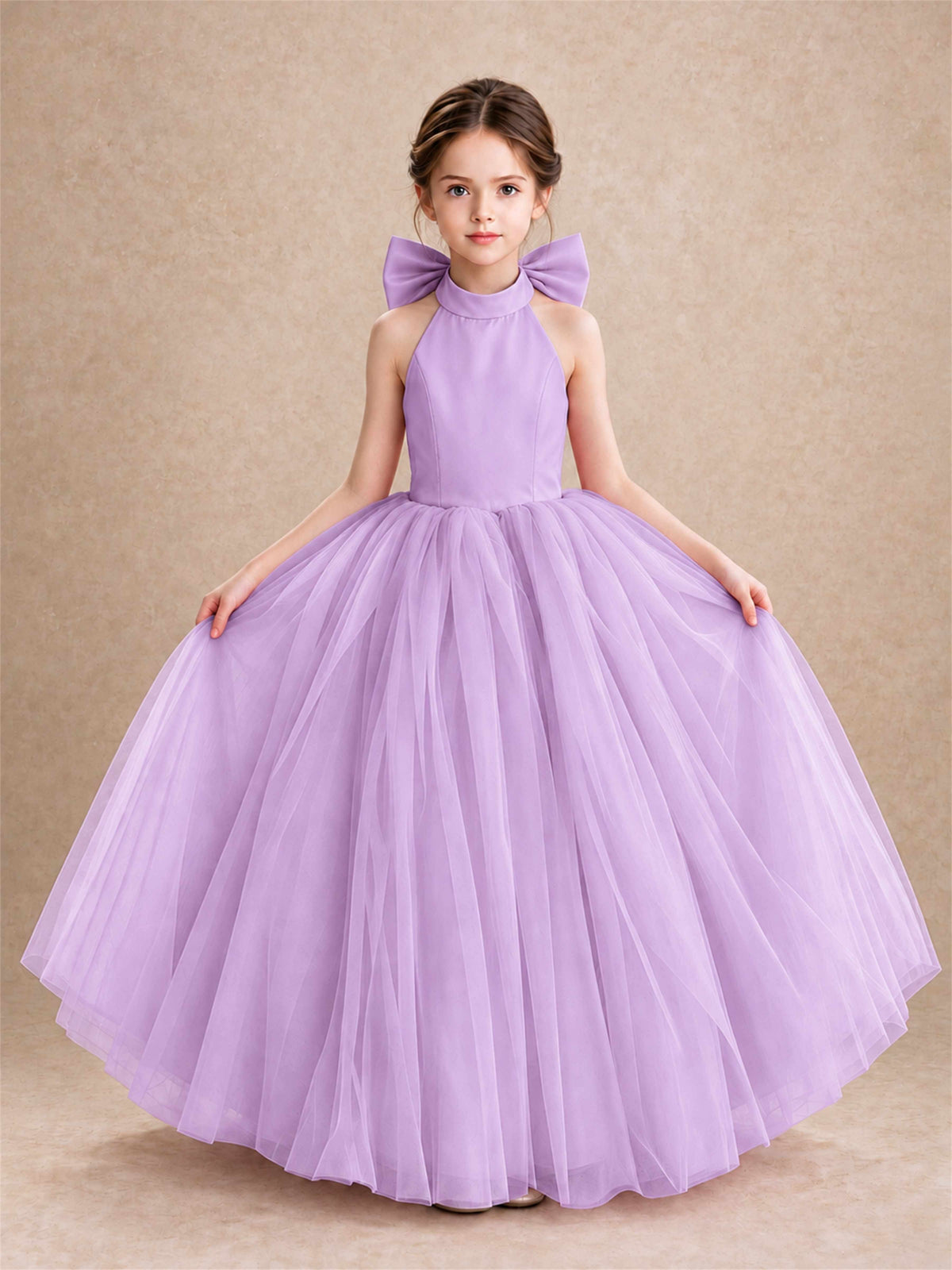 Halter Tulle Flower Girl Dress Backless Big Bow Princess Ball Gown
