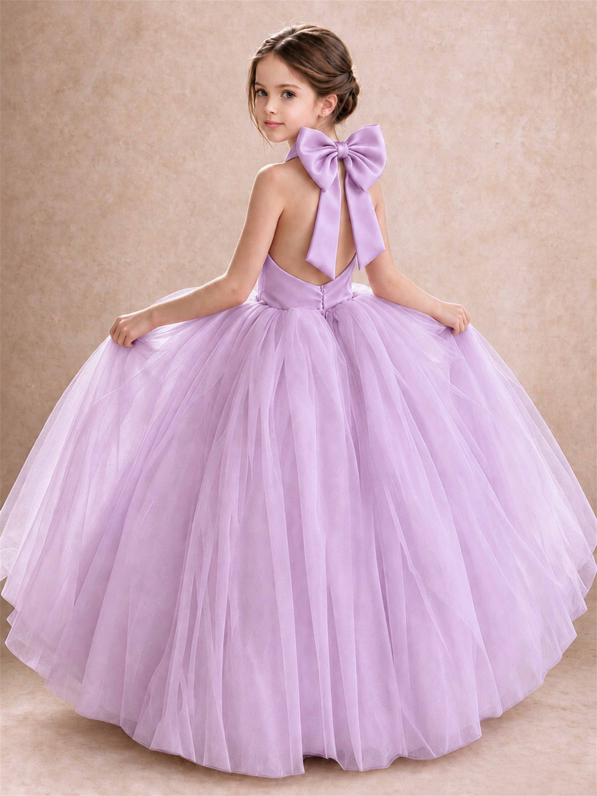Halter Tulle Flower Girl Dress Backless Big Bow Princess Ball Gown