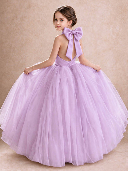 Halter Tulle Flower Girl Dress Backless Big Bow Princess Ball Gown