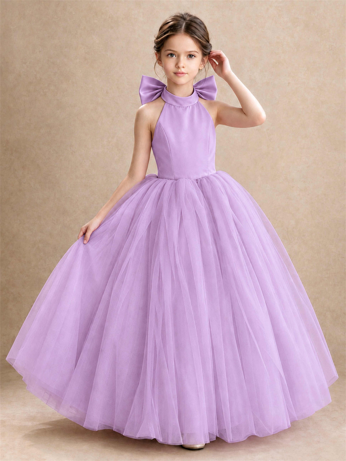Halter Tulle Flower Girl Dress Backless Big Bow Princess Ball Gown