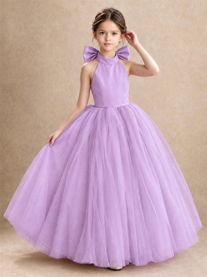 Halter Tulle Flower Girl Dress Backless Big Bow Princess Ball Gown