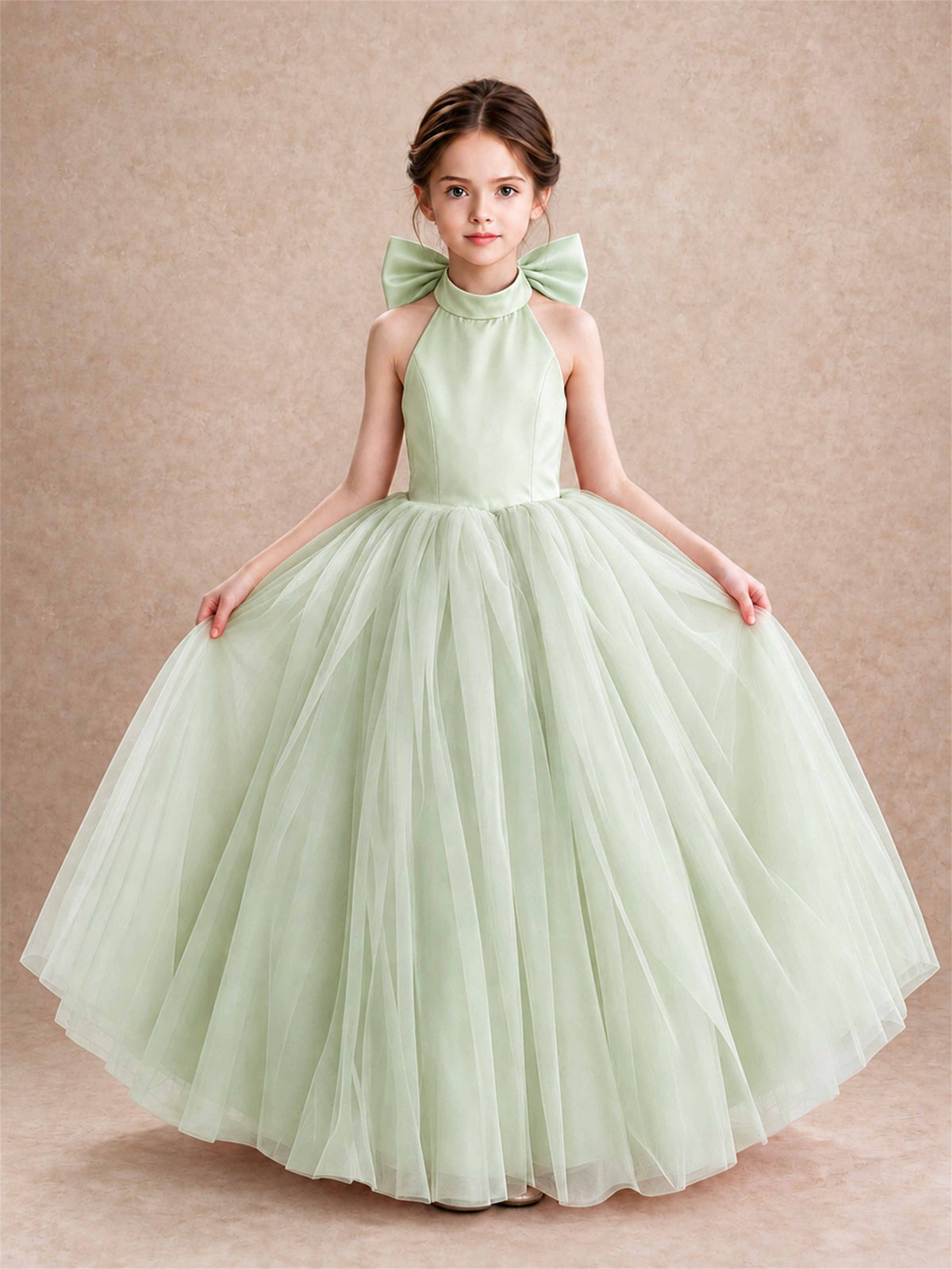 Halter Tulle Flower Girl Dress Backless Big Bow Princess Ball Gown