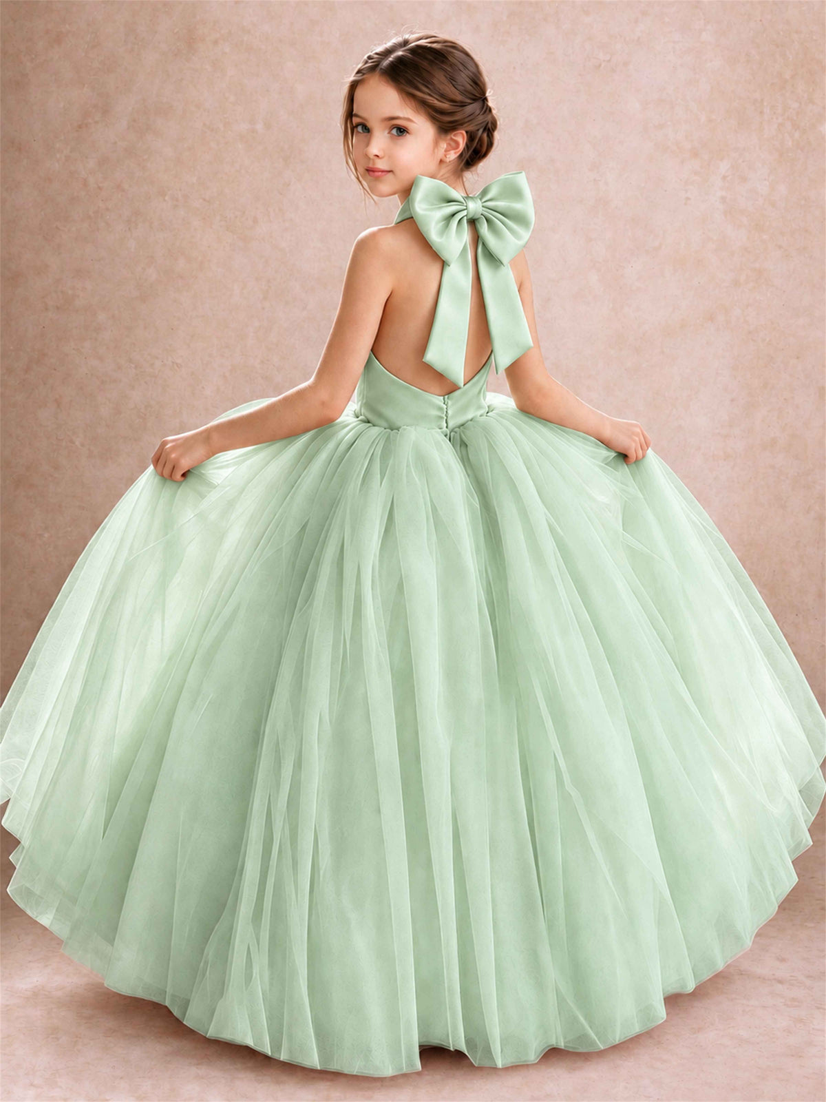 Halter Tulle Flower Girl Dress Backless Big Bow Princess Ball Gown