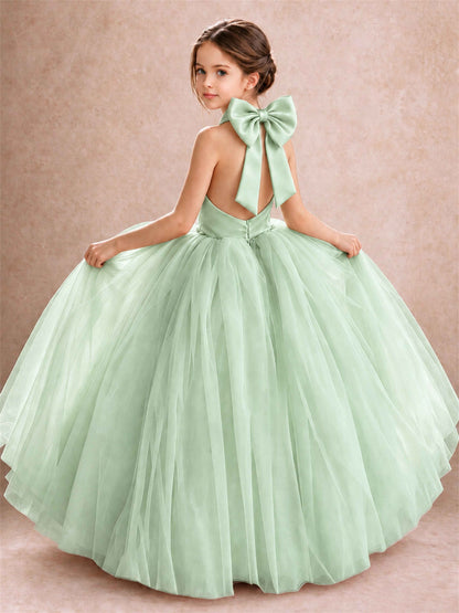 Halter Tulle Flower Girl Dress Backless Big Bow Princess Ball Gown