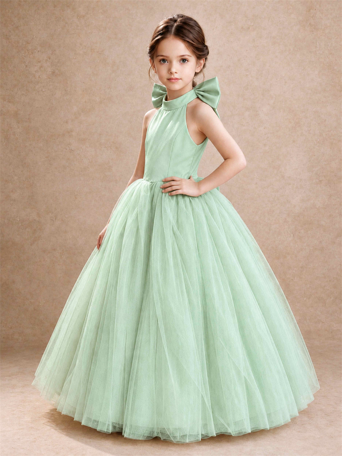 Halter Tulle Flower Girl Dress Backless Big Bow Princess Ball Gown