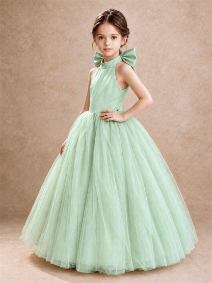 Halter Tulle Flower Girl Dress Backless Big Bow Princess Ball Gown