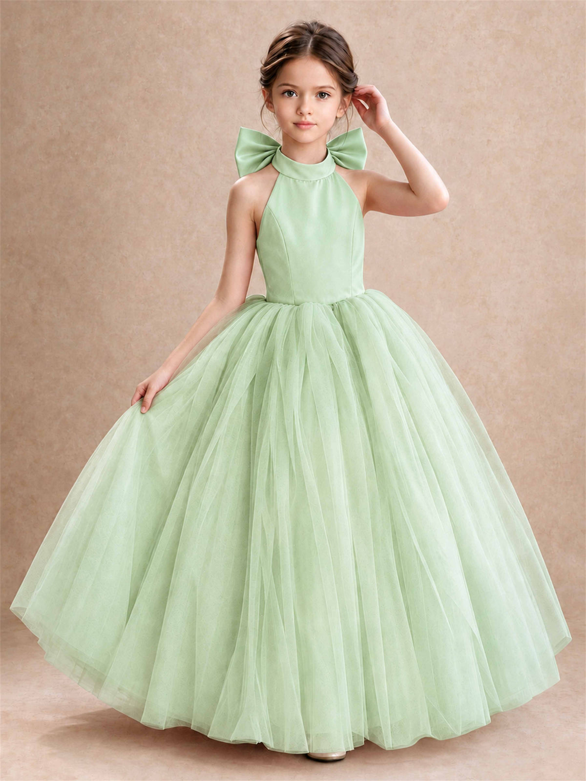 Halter Tulle Flower Girl Dress Backless Big Bow Princess Ball Gown