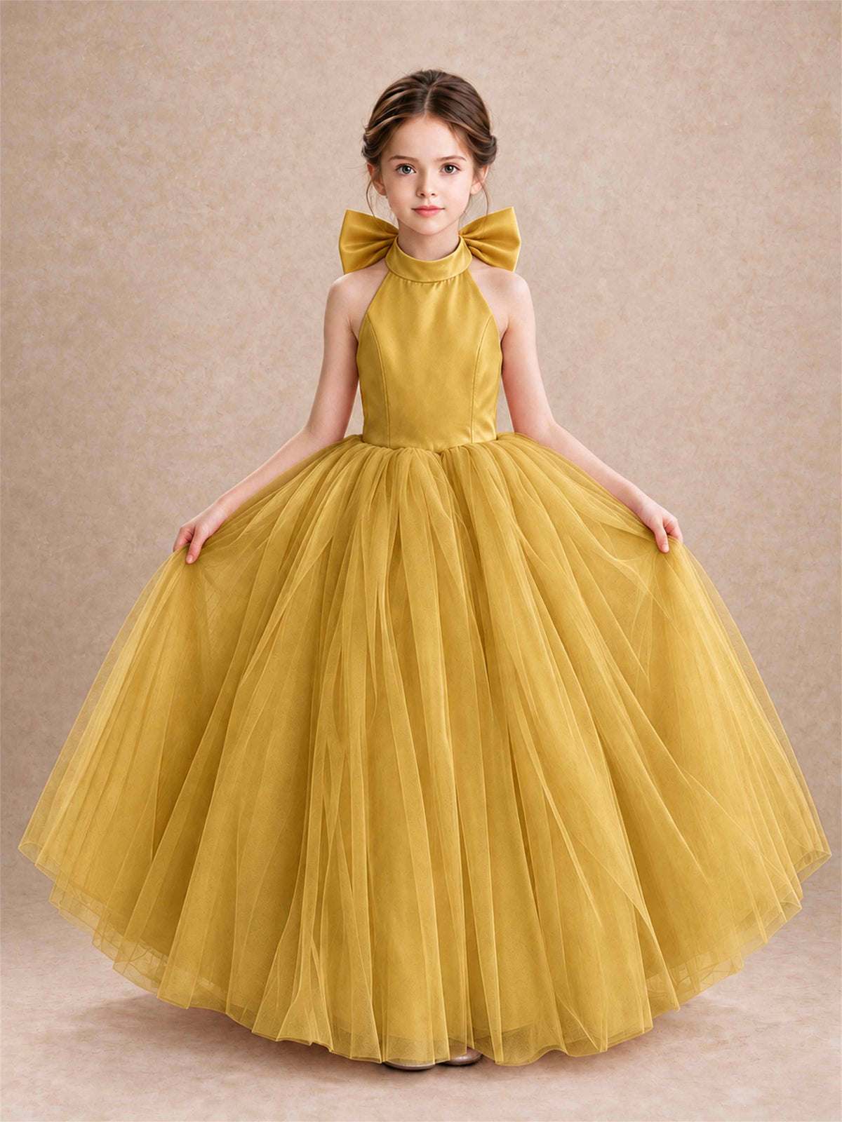 Halter Tulle Flower Girl Dress Backless Big Bow Princess Ball Gown