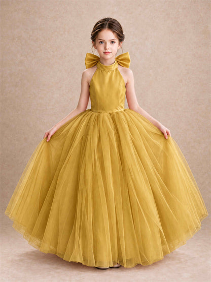 Halter Tulle Flower Girl Dress Backless Big Bow Princess Ball Gown