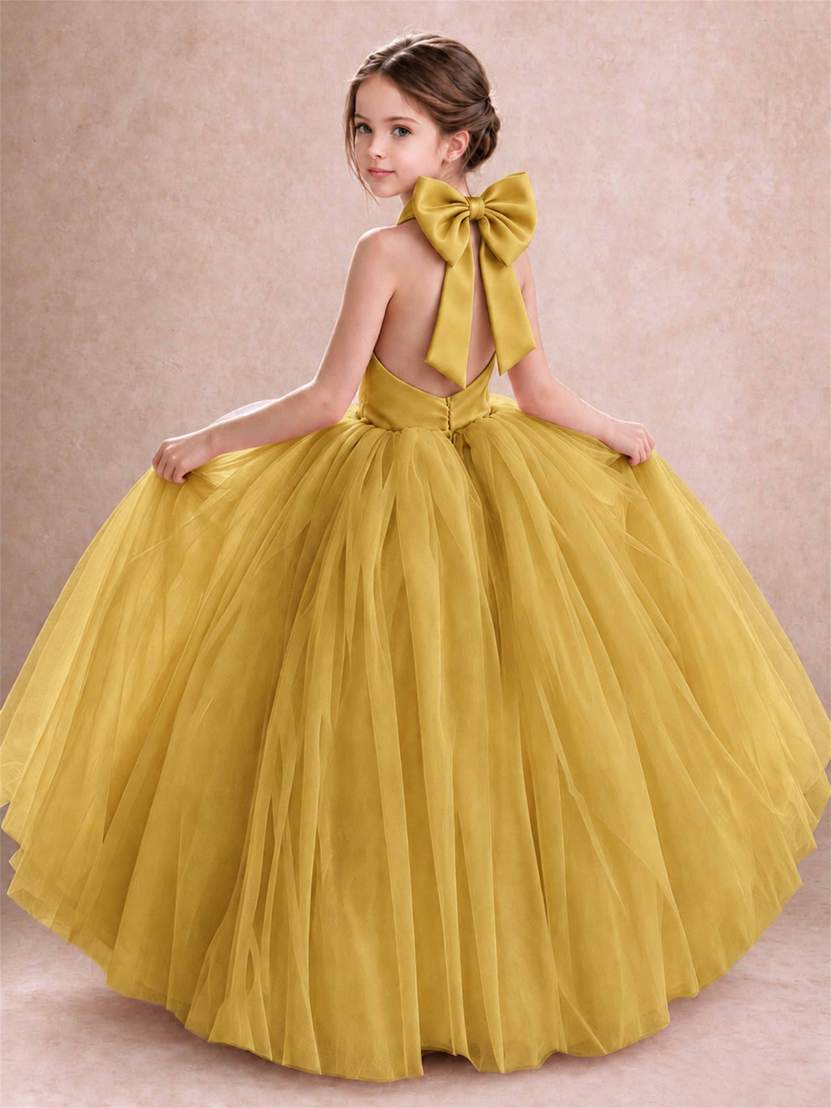 Halter Tulle Flower Girl Dress Backless Big Bow Princess Ball Gown