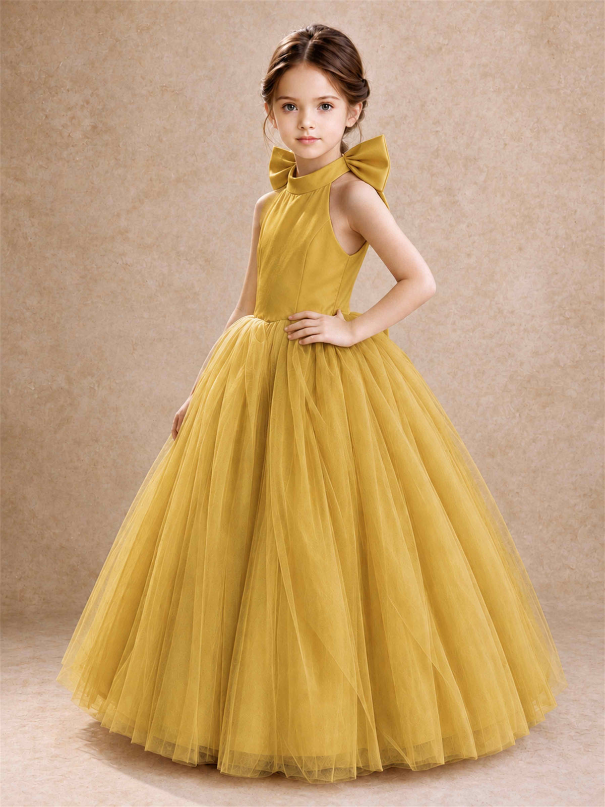 Halter Tulle Flower Girl Dress Backless Big Bow Princess Ball Gown