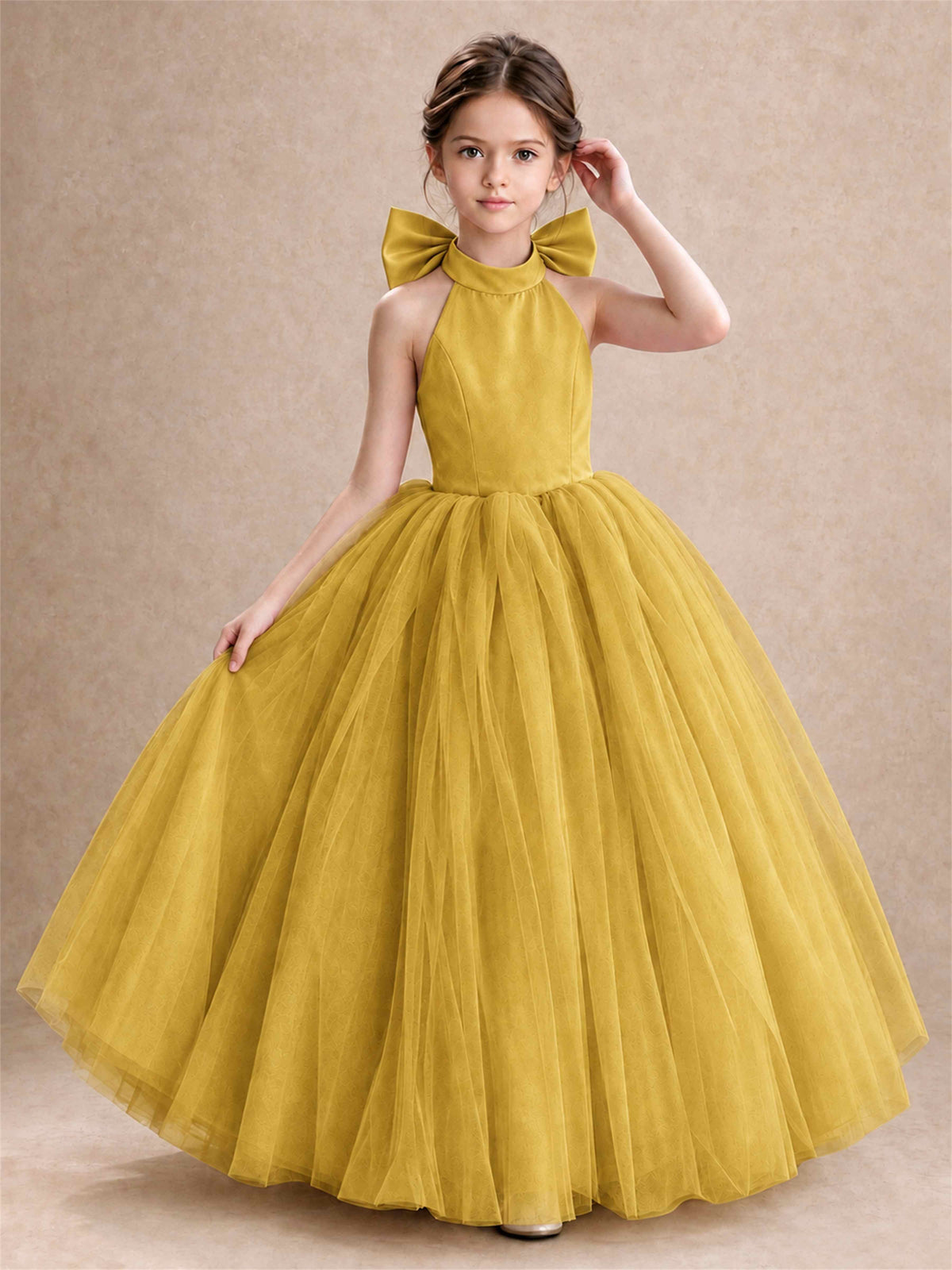 Halter Tulle Flower Girl Dress Backless Big Bow Princess Ball Gown