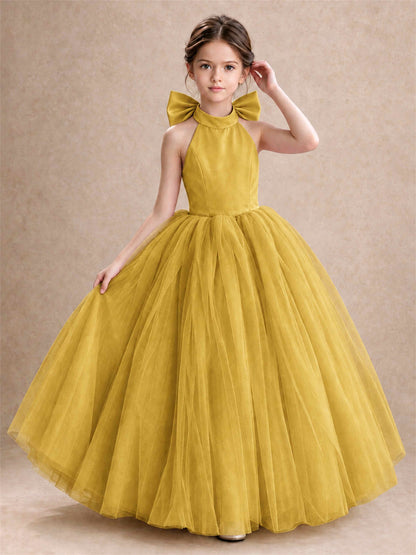 Halter Tulle Flower Girl Dress Backless Big Bow Princess Ball Gown