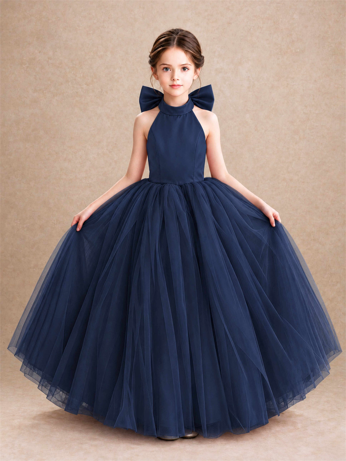 Halter Tulle Flower Girl Dress Backless Big Bow Princess Ball Gown