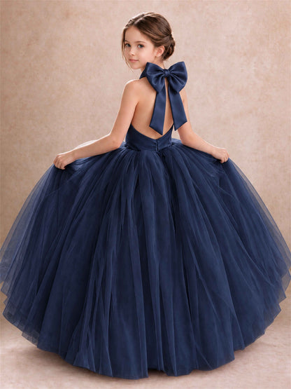 Halter Tulle Flower Girl Dress Backless Big Bow Princess Ball Gown