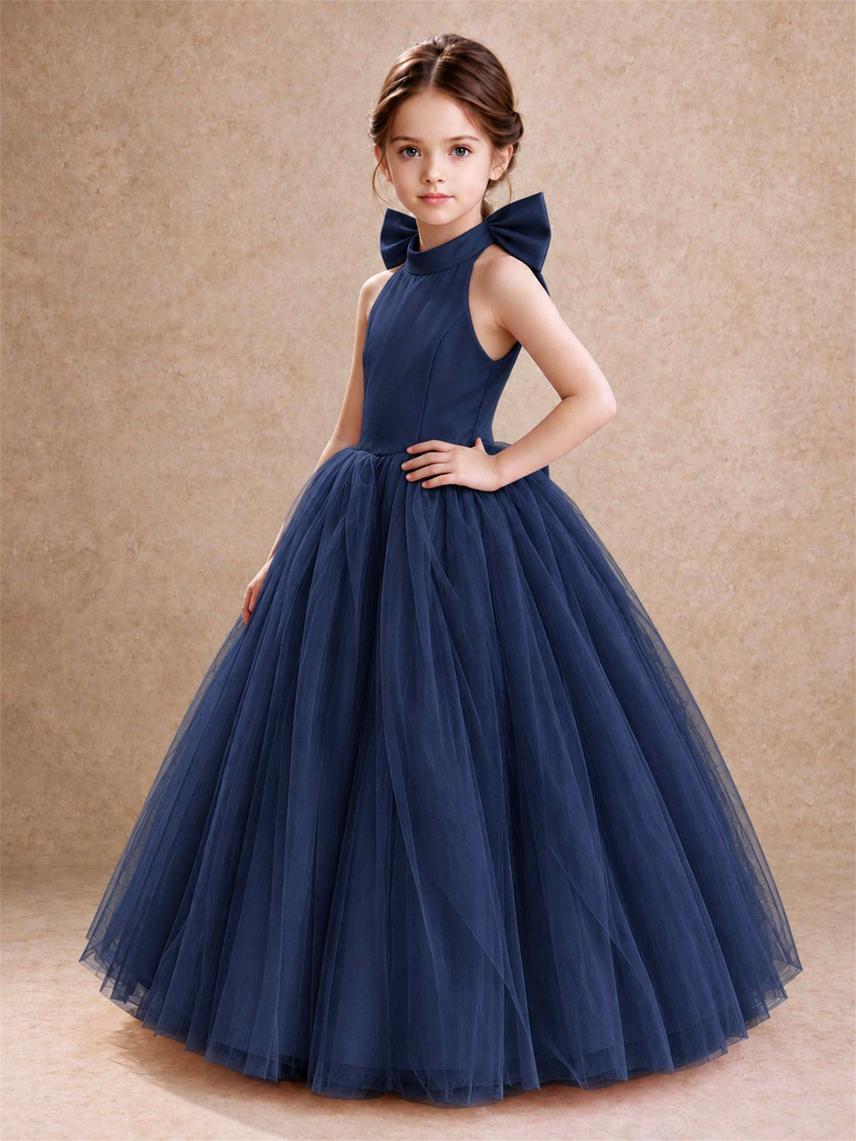 Halter Tulle Flower Girl Dress Backless Big Bow Princess Ball Gown
