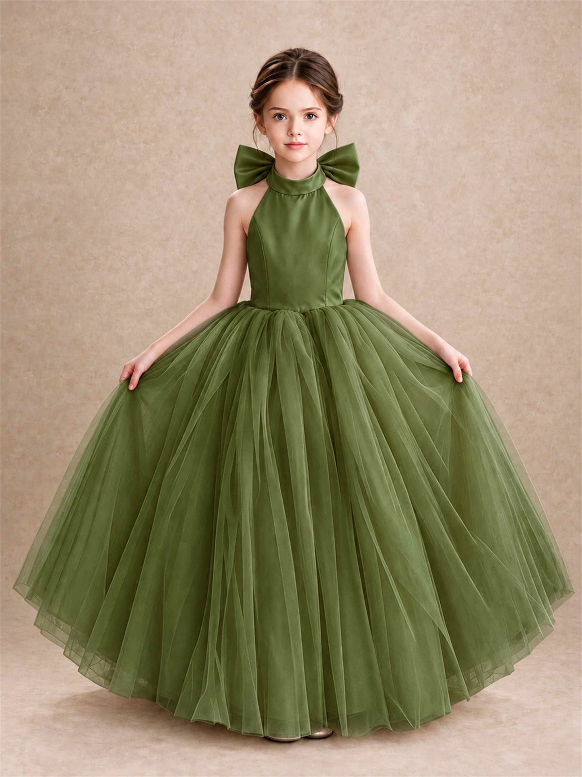 Halter Tulle Flower Girl Dress Backless Big Bow Princess Ball Gown
