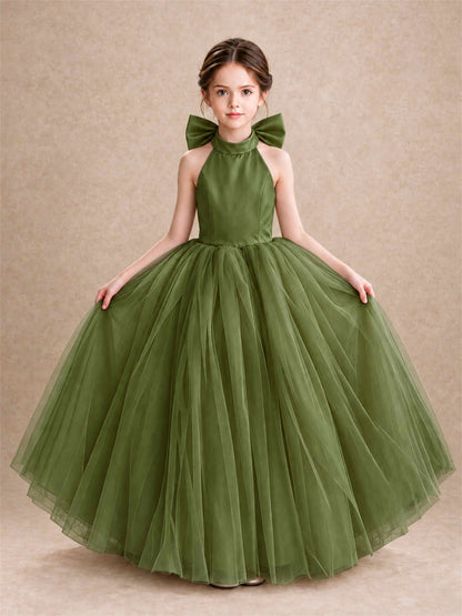 Halter Tulle Flower Girl Dress Backless Big Bow Princess Ball Gown