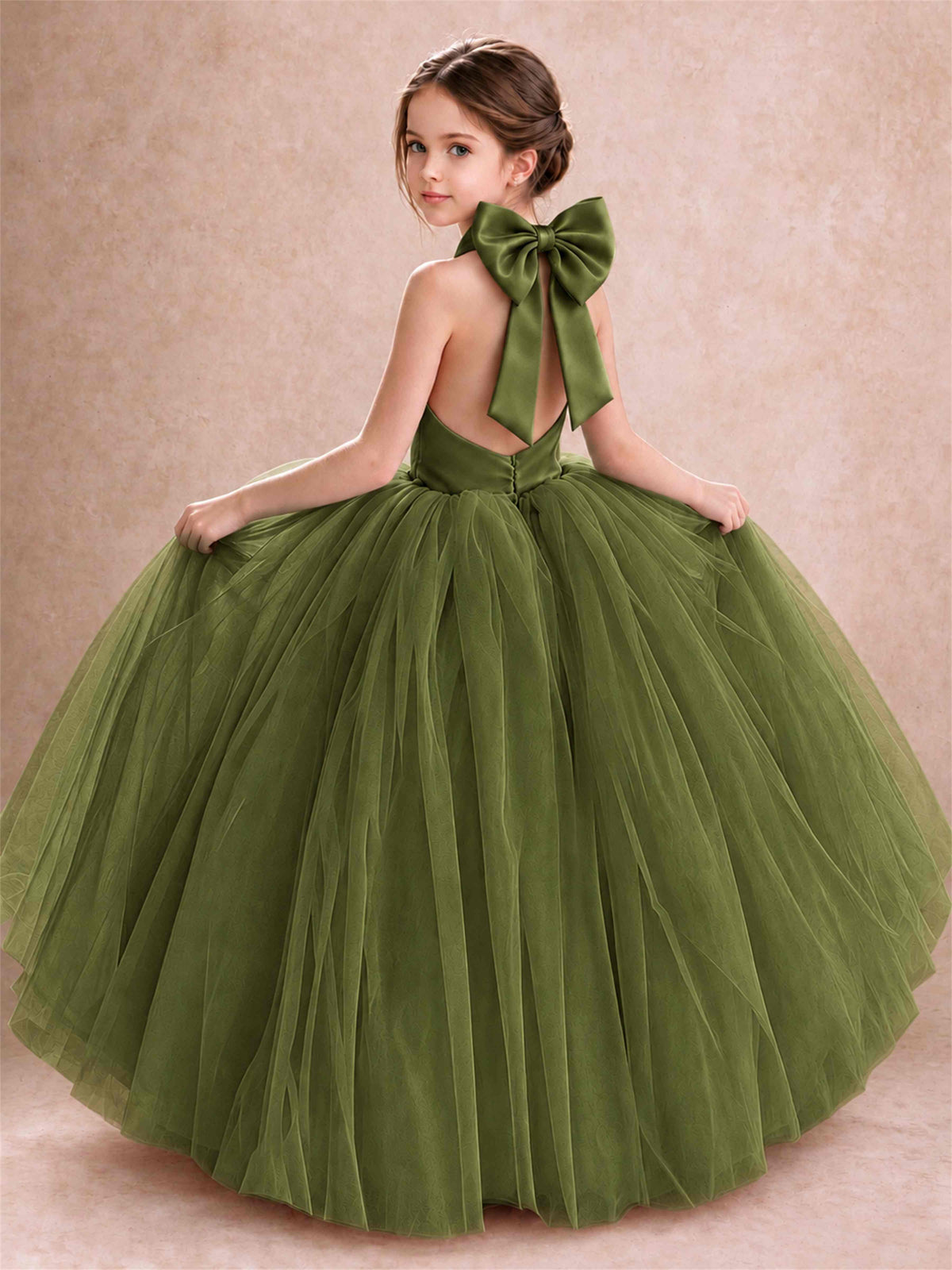Halter Tulle Flower Girl Dress Backless Big Bow Princess Ball Gown