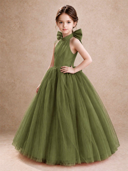 Halter Tulle Flower Girl Dress Backless Big Bow Princess Ball Gown