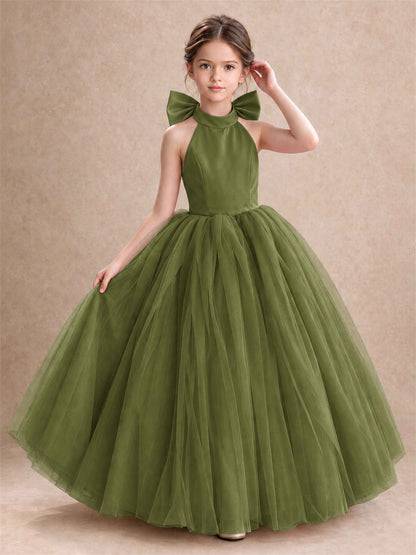 Halter Tulle Flower Girl Dress Backless Big Bow Princess Ball Gown
