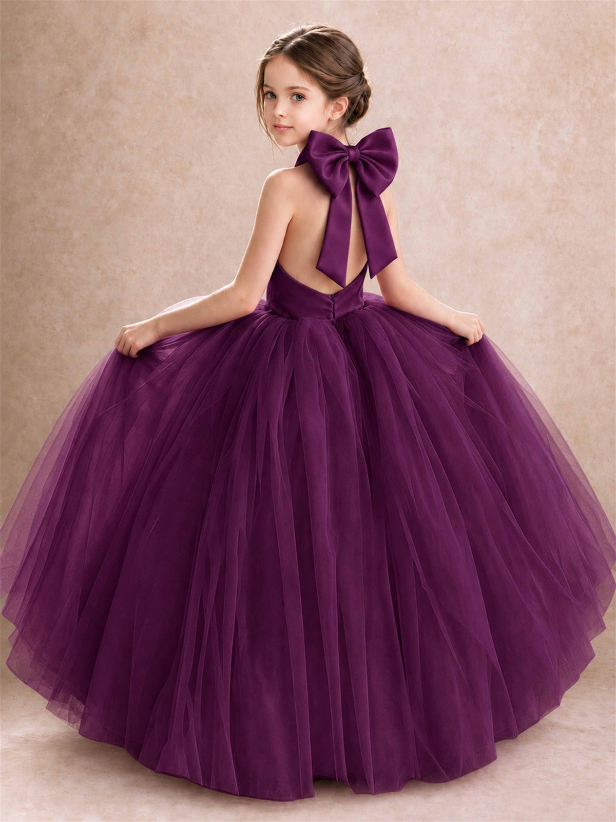 Halter Tulle Flower Girl Dress Backless Big Bow Princess Ball Gown