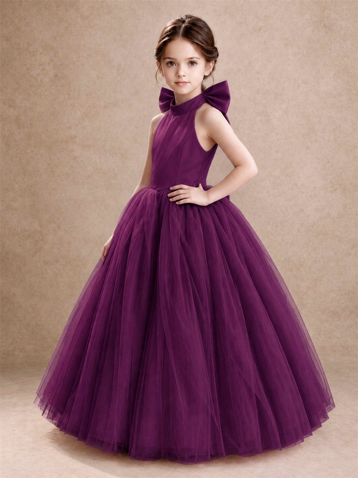 Halter Tulle Flower Girl Dress Backless Big Bow Princess Ball Gown