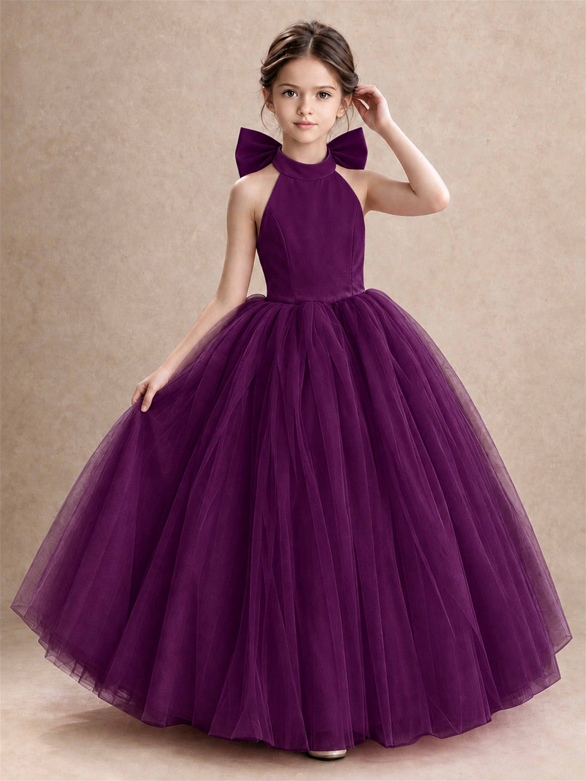 Halter Tulle Flower Girl Dress Backless Big Bow Princess Ball Gown