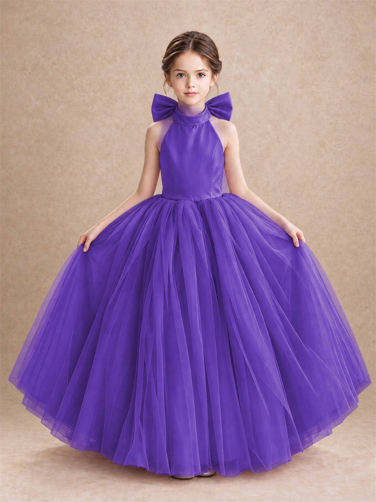 Halter Tulle Flower Girl Dress Backless Big Bow Princess Ball Gown