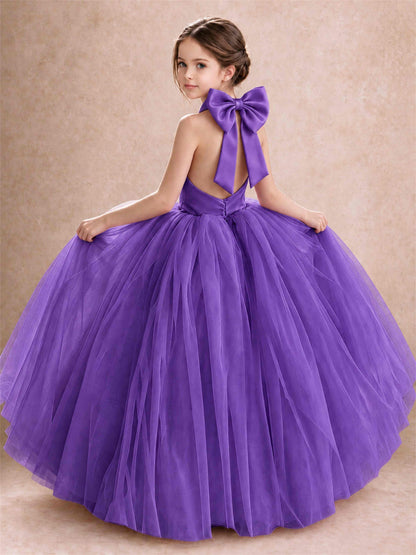 Halter Tulle Flower Girl Dress Backless Big Bow Princess Ball Gown