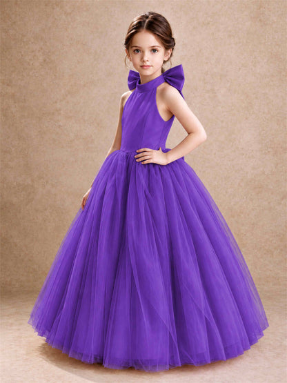 Halter Tulle Flower Girl Dress Backless Big Bow Princess Ball Gown