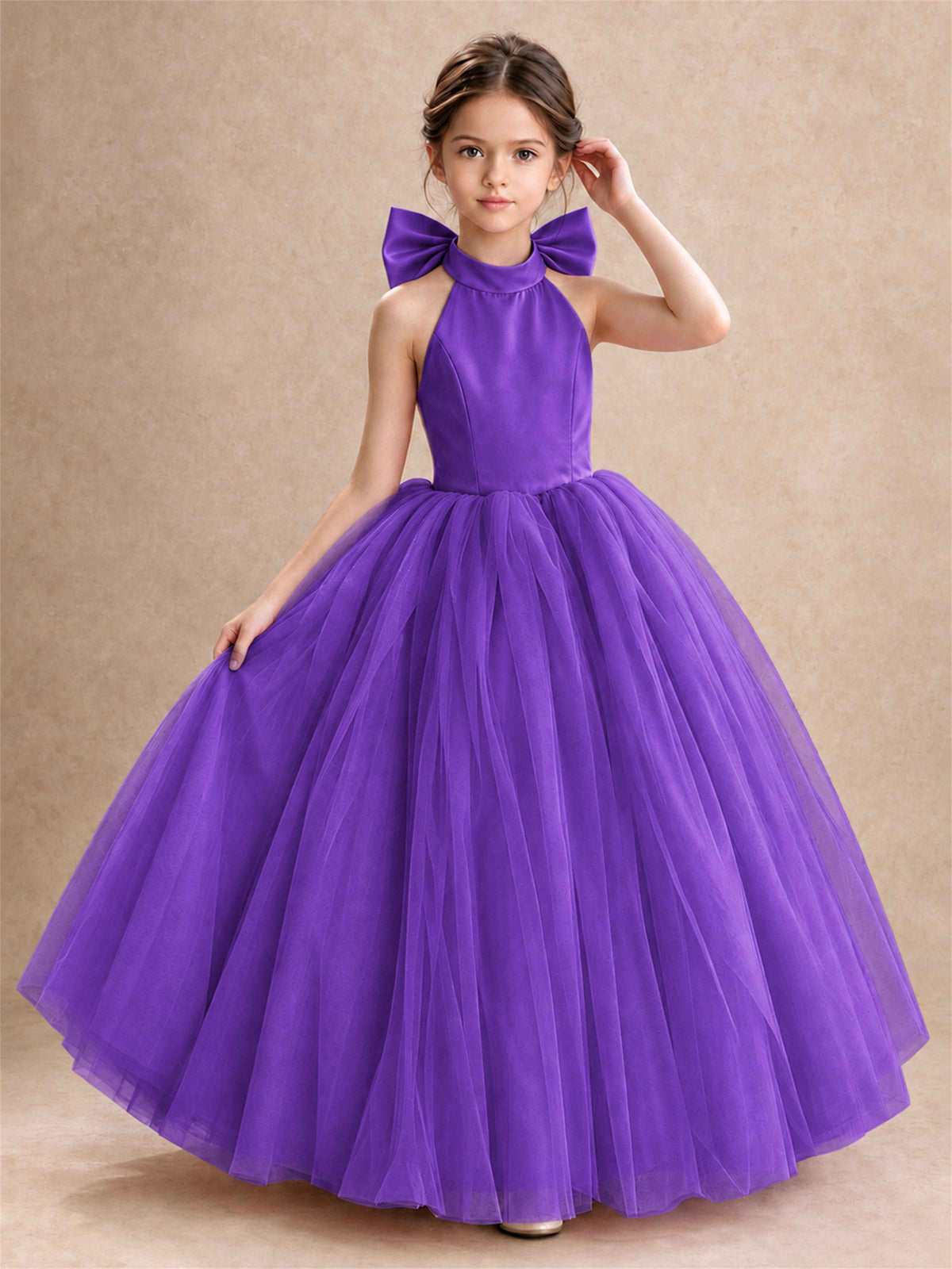 Halter Tulle Flower Girl Dress Backless Big Bow Princess Ball Gown
