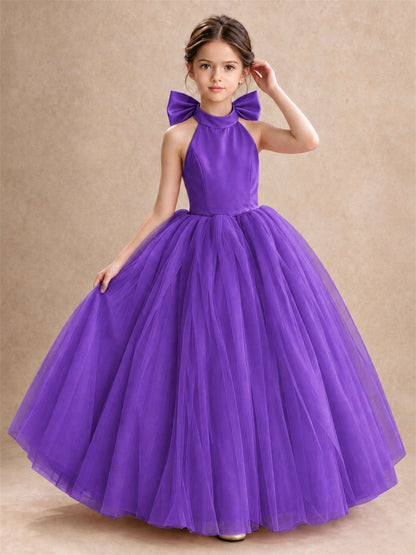 Halter Tulle Flower Girl Dress Backless Big Bow Princess Ball Gown