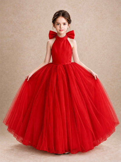 Halter Tulle Flower Girl Dress Backless Big Bow Princess Ball Gown