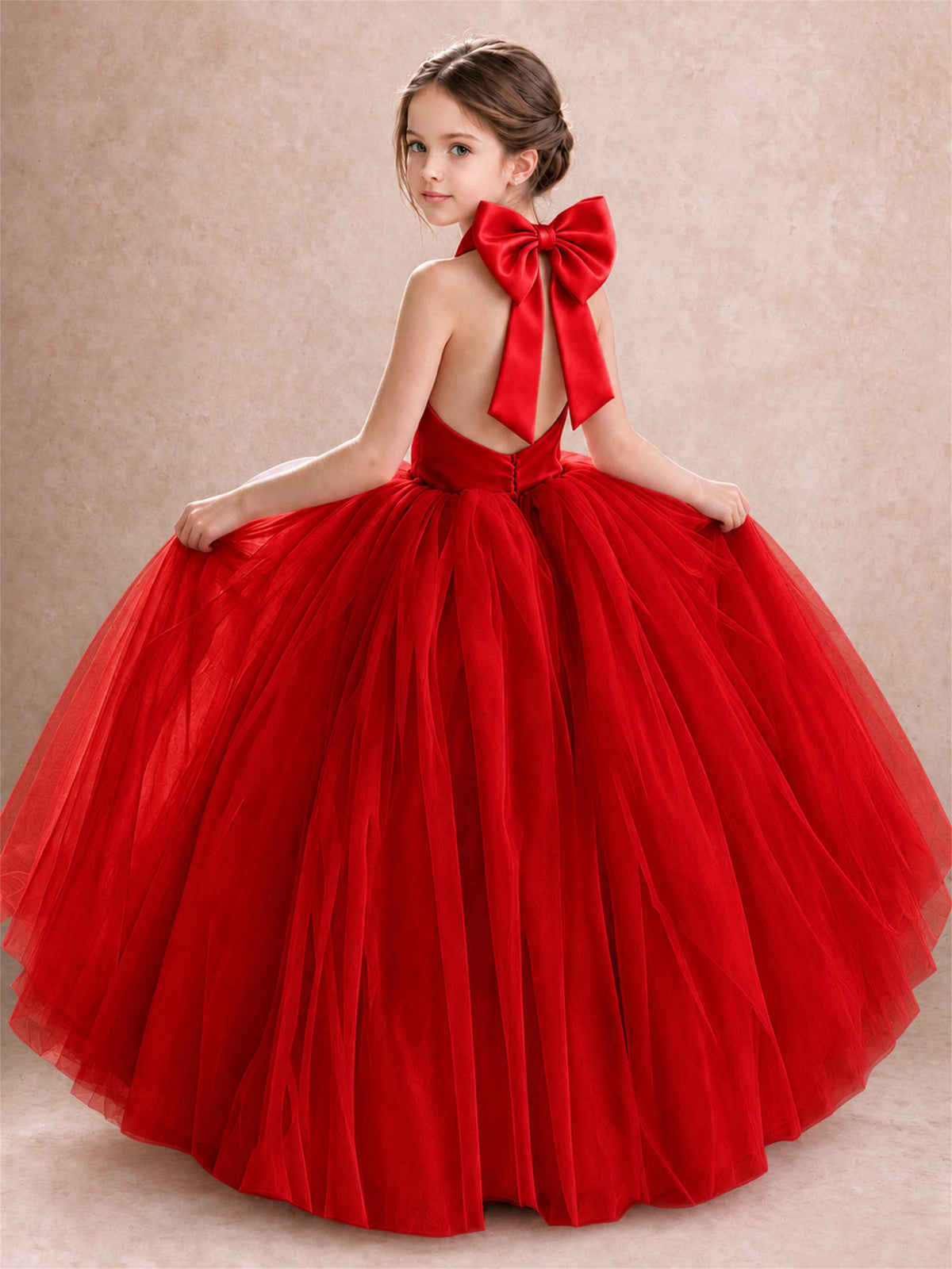 Halter Tulle Flower Girl Dress Backless Big Bow Princess Ball Gown
