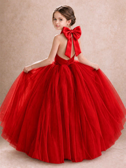 Halter Tulle Flower Girl Dress Backless Big Bow Princess Ball Gown