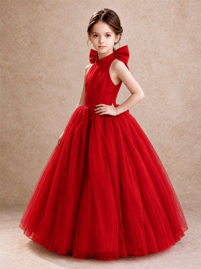 Halter Tulle Flower Girl Dress Backless Big Bow Princess Ball Gown