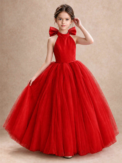 Halter Tulle Flower Girl Dress Backless Big Bow Princess Ball Gown